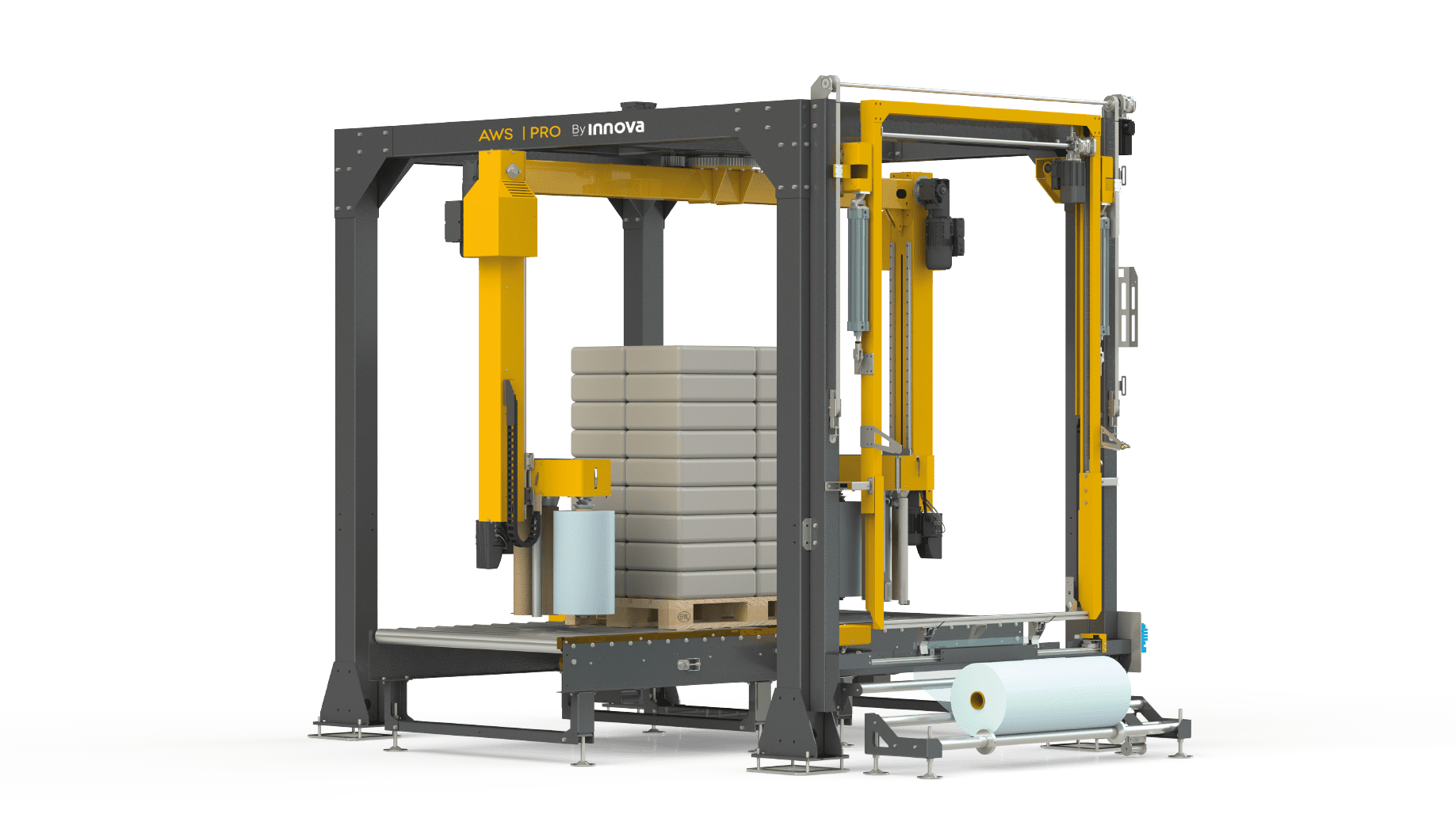 Innova arm stretch wrapper with accessories for automatic pallet wrapping