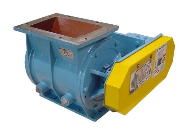 Offset rotary valve for pellets flakes and crumb rubber